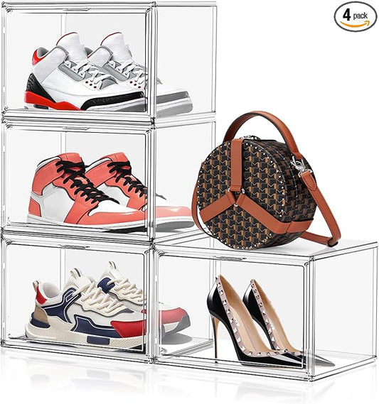 EZJOB 4 Pack X-Large Shoe Boxes Clear Plastic Stackable Storage Box Size 14 Thicken Sneaker Shoes Containers with Magnetic Door Acrylic Display Case Organizer for Closet