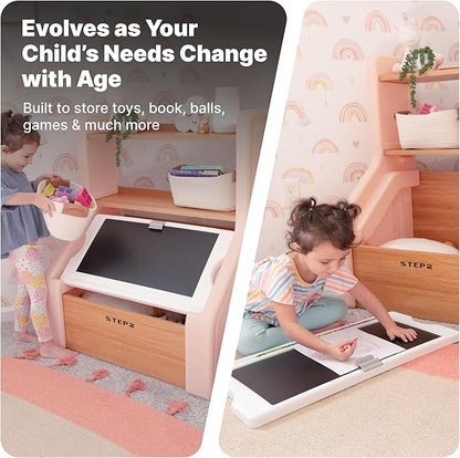 Step2 Harmony Toy Storage Box, Wood and Plastic, Shelves for Books, Toy Storage Bin with Chalkboard Lid and Clip, Easel and Toy Organizer in One, Rose Pink