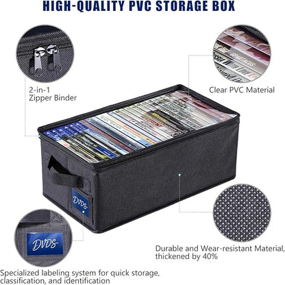 CCidea DVD Storage Box with Clear Window - 15.75" Foldable Media Organizer, Premium Zipper Closure, Holds 27+ DVDs, Dustproof Non-woven Fabric, Reinforced Handles & Label Slot (Black) (2)