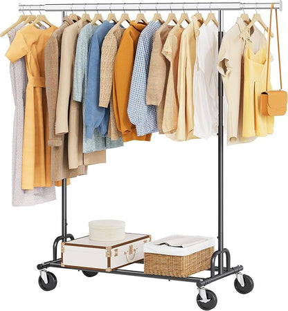 Tajsoon Clothes Rack Heavy Duty Clothing Rack Load 350 LBS, Rolling Clothing Rack for Hanging Clothes with Wheels & Extendable Rod, Collapsible Garment Rack with Bottom Shelf, Commercial, Black