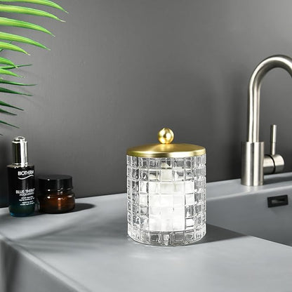 Indecor Home Clear Tranparent Apothecary Etched Geometric Grid Glass Jar W/Gold Metal Lid Cover for Bathroom Organization, Cotton Balls, Q Tips, and Small Accessories, Bathroom Storage