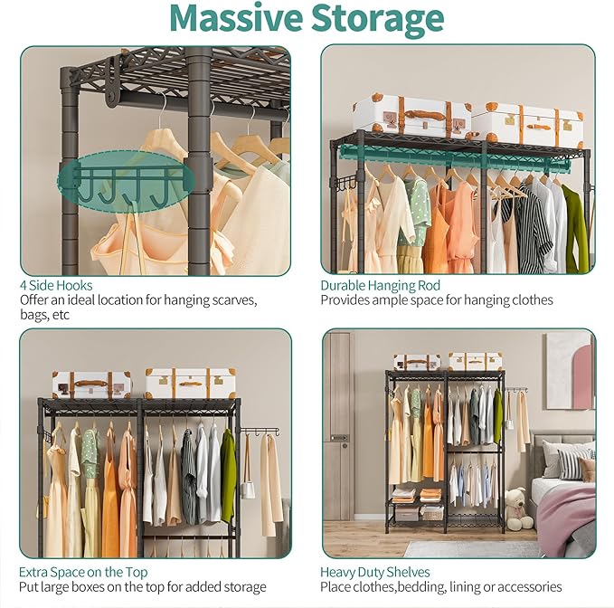 Heavy Duty Garment Rack, Metal Freestanding Closet Wardrobe Clothes Racks for Hanging Clothes, 4 Tiers Adjustable Wire Shelving, 44.9'' L x 16.5'' W x 76.8 '' H, Max Load 800LBS, Black