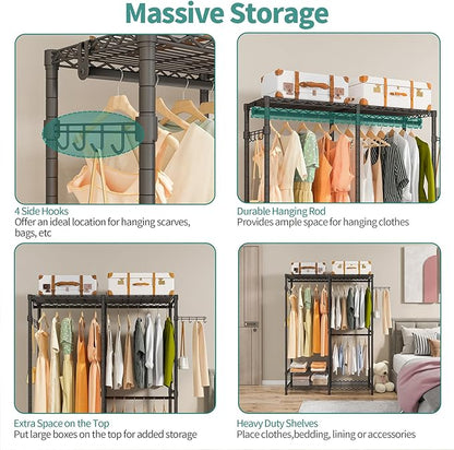 Heavy Duty Garment Rack, Metal Freestanding Closet Wardrobe Clothes Racks for Hanging Clothes, 4 Tiers Adjustable Wire Shelving, 44.9'' L x 16.5'' W x 76.8 '' H, Max Load 800LBS, Black