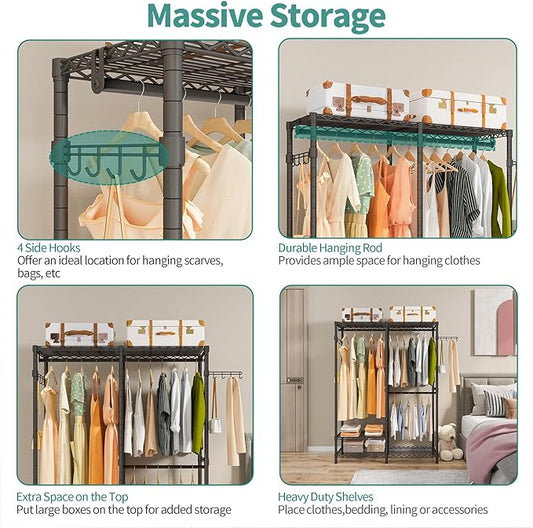 Heavy Duty Garment Rack, Metal Freestanding Closet Wardrobe Clothes Racks for Hanging Clothes, 4 Tiers Adjustable Wire Shelving, 44.9'' L x 16.5'' W x 76.8 '' H, Max Load 800LBS, Black