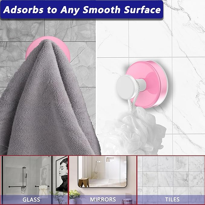 Suction Cup Hooks for Shower,Removable No Drill Towel Hooks,Upgraded 15 lbs Strong Suction hooks for Bathroom Tile,Shower Wall,Glass Door,Kitchen-Loofah,Coat,Stainless Waterproof-Pink White 2 Pcs