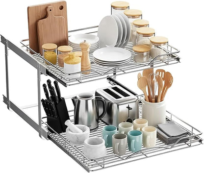 HOLDN’ STORAGE Two Tier Pull Out Cabinet Organizer, Individual Sliding Drawers - Heavy Duty Metal with Lifetime Limited Warranty - Anti Rust Chrome Finish - 24" W x 21”D x 16.5" H