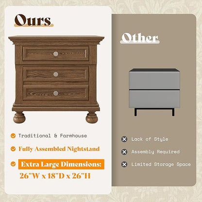 AMERLIFE Fully Assembled Nightstand Set of 2, Solid Wood End Table with 2 Storage Drawers, 26" Extra Large Traditional Bedside Cabinet for Bedroom, Light Brown