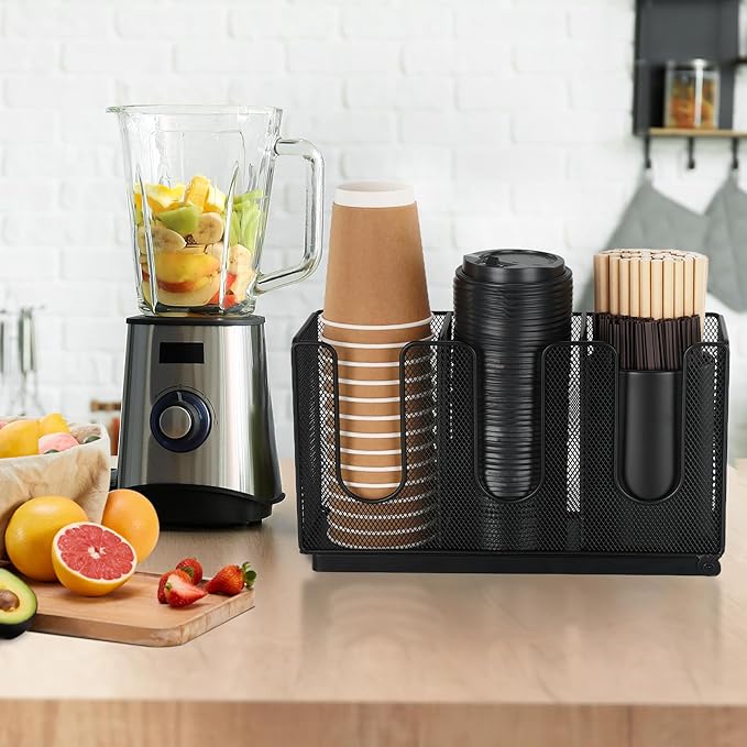 Disposable Coffee Cup Holder with Straw Organizer, Paper Cup and Lid Holder Dispenser for Coffee Station Bar Countertop Restaurant Breakroom, Black