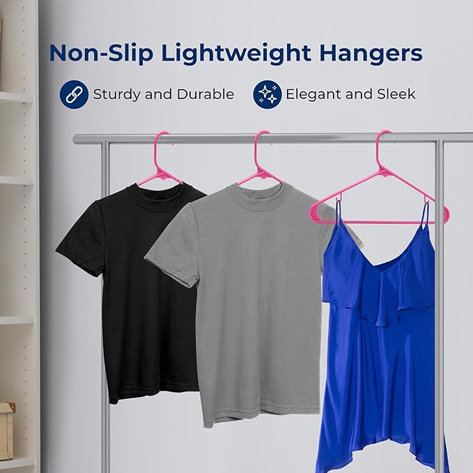 SereneLife 200 Pink Plastic Hangers Non-Slip Heavy Duty Coat and Clothes Hanger Set Slim Durable Space-Saving Closet Organizer Wardrobe Storage Home Bedroom 5.5 lb Capacity