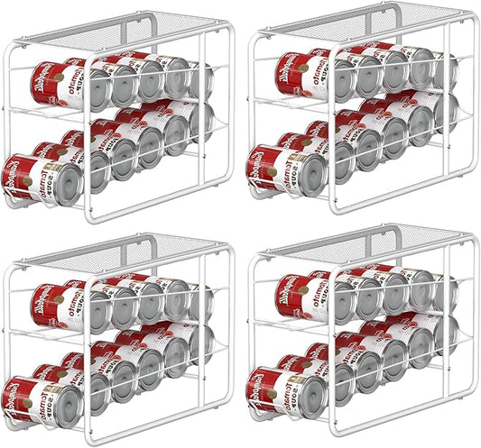 4 Pack Soda Can Organizer, Stackable Metal Can Dispenser for Pantry, Automatic Rolling Canned Food Organizer for Cabinet and Countertop, White.