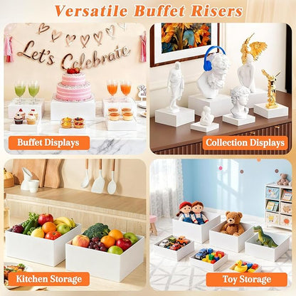 6 Pcs Large Buffet Risers Display Stands Set 7" to 12"- Acrylic Food & Dessert Table Display Stand Shelf for Party, Catering, Jewelry, Collectibles, White Cube Storage Boxes