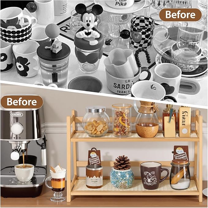 2 Tier Matcha Station Wicker-Look Coffee Station Organizer, Kitchen Counter Shelf for Tea & Coffee Bar, Mug Holder Countertop, Condiment Storage Rack(17Inch)