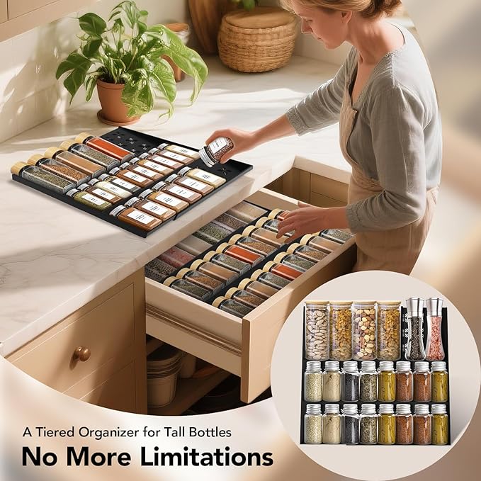 Idcymoul Spice Drawer Organizer 3-Tier Expandable (11"-22" Wide), Spice Rack for Cabinet with Funnel & Spice Labels, Fits Large Jars, Seasoning Storage Insert Design for Cabinet & Drawer (Black)