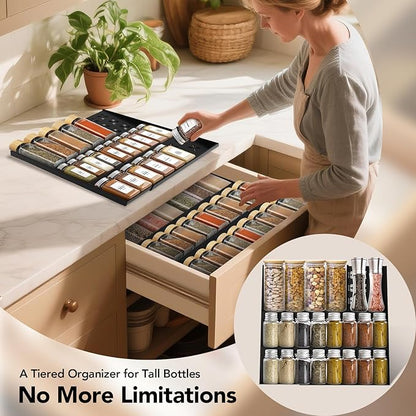 Idcymoul Spice Drawer Organizer 3-Tier Expandable (11"-22" Wide), Spice Rack for Cabinet with Funnel & Spice Labels, Fits Large Jars, Seasoning Storage Insert Design for Cabinet & Drawer (Black)