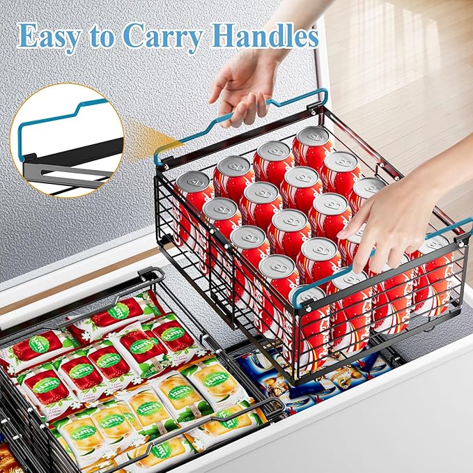 OdoVow Freezer Organizer Bins, 2 Pack Stackable Deep Freezer Organizer Bins, Large Expandable Chest Freezer Containers with Handle, Metal Adjustable Storage Baskets for Kitchen, Pantry (Black)