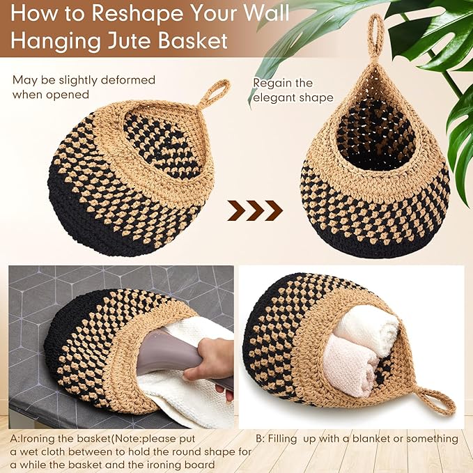 Honeydak Boho Decor Hanging Wall Baskets for Kitchen 3 Pack Teardrop Baskets with Hooks Storage Fruit Onion Vegetable Potato for Home 3 Sizes (Linen with Black,Cotton Rope)