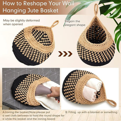 Honeydak Boho Decor Hanging Wall Baskets for Kitchen 3 Pack Teardrop Baskets with Hooks Storage Fruit Onion Vegetable Potato for Home 3 Sizes (Linen with Black,Cotton Rope)