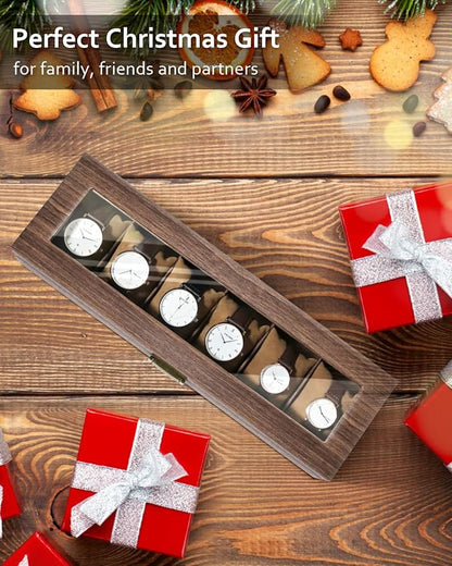 Uten Watch Box 6 Slots, Watch Case Organizer with Real Glass Lid, Wood Grain PU Leather Watch Display Storage Box with Removable Imitation Suede Watch Pillows, Metal Clasp