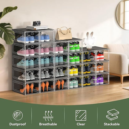 ALCCB Thicken Hard Clear Shoe Storage Organizer for Closet, 10 Pack Modular Plastic Stackable Shoe Storage Box Organizer, Shoe Sneaker Rack Display Case Containers Bins with Lids, Black Clear
