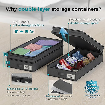 【4 compartments】2 Pack Under Bed Storage, Double Layer Extensible Underbed Storage Containers,Dust-free Clothes Storage Bins with Sturdy Sidewalls/Bottom,PVC Clear Window for Shoes Storage Organizer