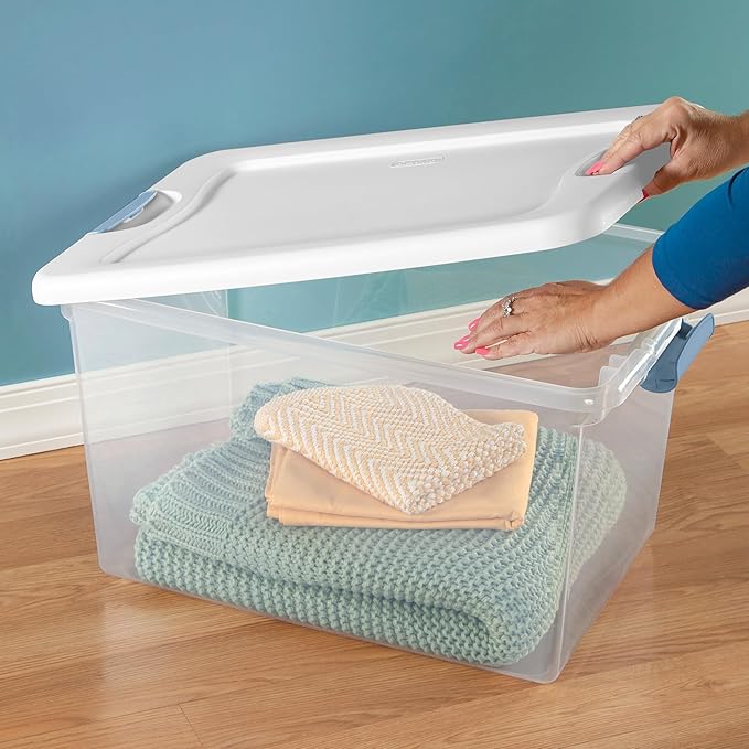 Sterilite 4 Pack Latching Box, 64 Qt Plastic Storage Container, Stackable Large Home or Office Tote Organizers with Secure Lids, White
