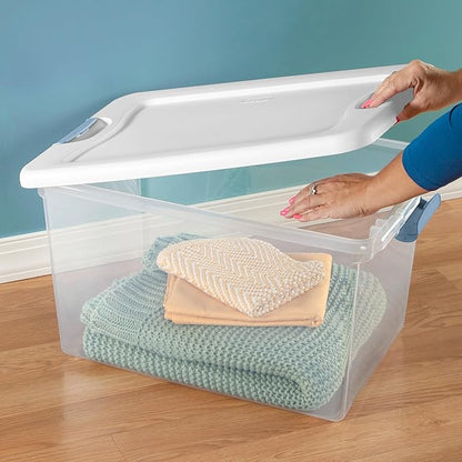 Sterilite 4 Pack Latching Box, 64 Qt Plastic Storage Container, Stackable Large Home or Office Tote Organizers with Secure Lids, White