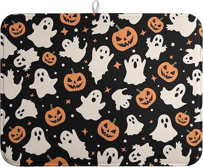 Wnoesat Halloween Dish Drying Mat for Kitchen Counter Pumpkin Spooky Ghosts Fall Dish Mat Absorbent Microfiber Reversible Dish Draining Mat Extra Large Dishes Pad 18 X 24 Inch