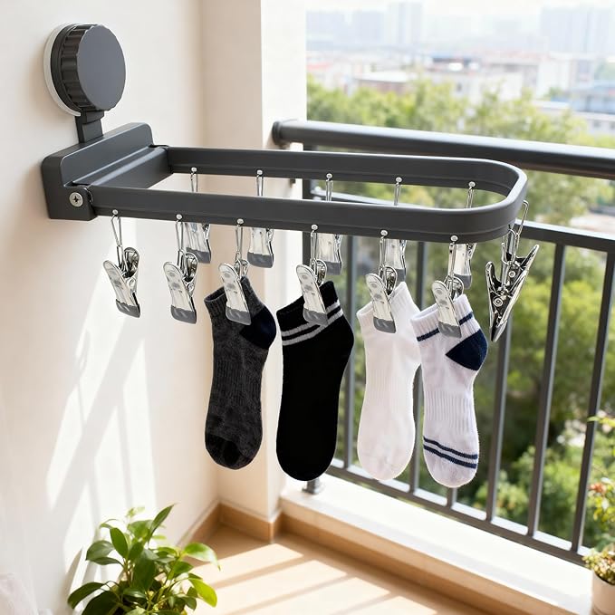 Foldable Laundry Drying Rack with 15 Clips, Wall Mount Suction Cup Hanger for Socks Undergarments Towels, Space Saving Clothes Organizer, Dark Grey