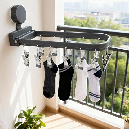 Foldable Laundry Drying Rack with 15 Clips, Wall Mount Suction Cup Hanger for Socks Undergarments Towels, Space Saving Clothes Organizer, Dark Grey
