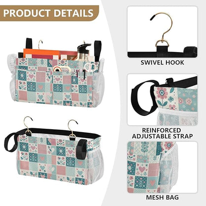 Jihqo Bedside Caddy Hanging Storage Bag Gingham Floral Bedside Organizer Caddy for Bunk, Dorm Room, Hospital Beds - Place Magazines / Remotes / Keys