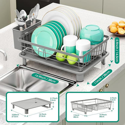 GAOKASE Dish Drying Rack, Space-Saving Dish Rack, Dish Racks for Kitchen Counter, Kitchen Dish Drainers with Removable Utensil Holder,Plate Rack and Drainboard, 11''W x 15''L, Gray