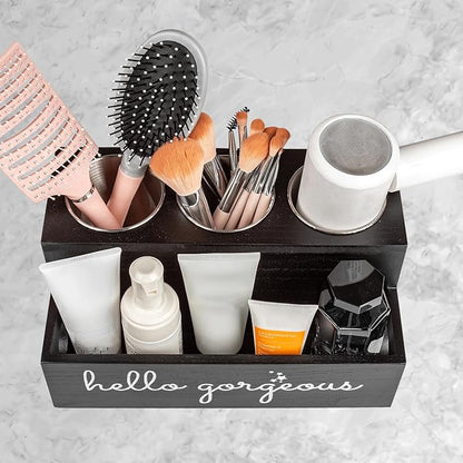 Cokritsm Wooden Hair Dryer Holder Wall-Mounted - 2 Tier Bathroom Storage Shelf Cosmetic & Hairdressing Tools Organizer for Bathroom Countertop/Vanity Black