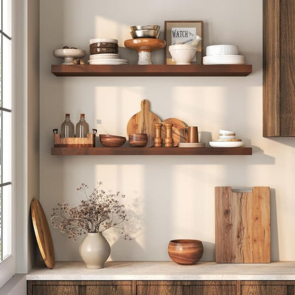 Floating Shelves 36 Inches Long - 8 Inch Deep Rustic Solid Pine Wood for Storage - Farmhouse Wall Mounted for Living Room - Heavy-Duty Metal Bracket - 36" W x 8" D - Set of 2 - American Walnut Color