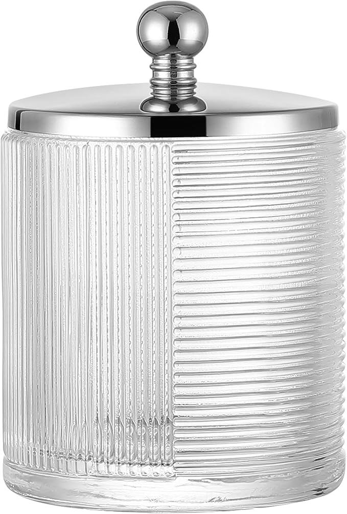 Indecor Home Clear Transparent Apothecary Ribbed Geometric Etched Glass Jar W/Silver/Chrome Metal Lid Cover for Bathroom Organization, Cotton Balls, Q Tips, and Small Accessories, Bathroom Storage