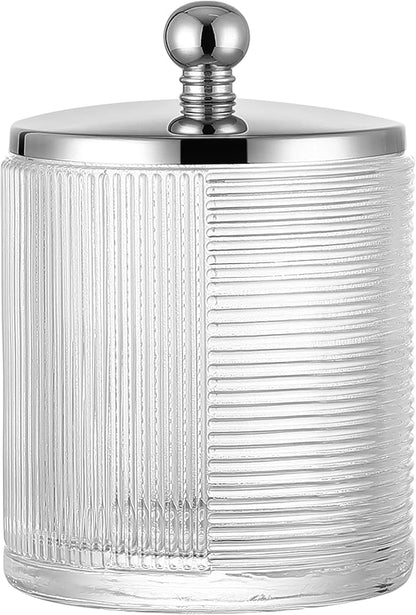 Indecor Home Clear Transparent Apothecary Ribbed Geometric Etched Glass Jar W/Silver/Chrome Metal Lid Cover for Bathroom Organization, Cotton Balls, Q Tips, and Small Accessories, Bathroom Storage