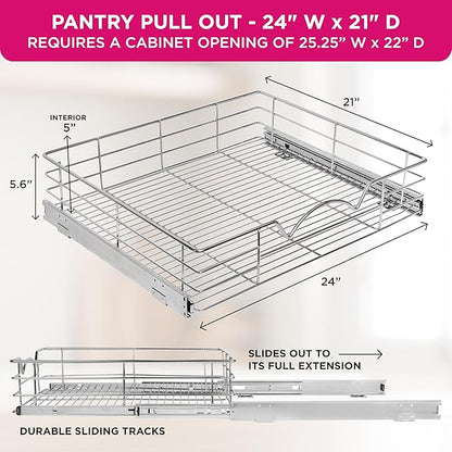 HOLDN’ STORAGE Heavy-Duty Premium Collection Pull Out Cabinet Organizer, Cabinet Drawer Slide Outs, Lifetime Limited Warranty - Basket Size 24" W x 21" D x 5" H, Anti-Rust Chrome Finish
