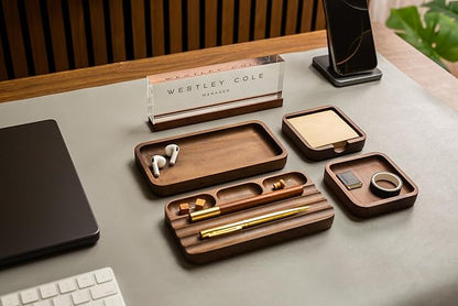 MUUJEE Wooden Desk Organization 5 Piece Set with Name Block - Personalized Acrylic Name Plaque with Wood Base and Desk Accessories Work Professional Office Gift Teacher Dad Organizer