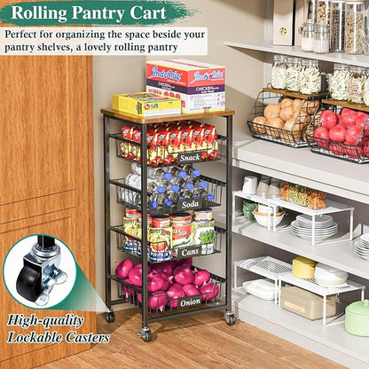 Fruit Basket, 5-Tier Utility Kitchen Organizer and Storage Cart with Pull-Out Baskets and Wood Top, Rolling Pantry Kitchen Cart on Wheels for Fruit Potato Onion Vegetable Snack Produce