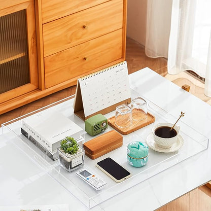 Oversize Extra Large King Size Bed Tray for Eating Big Clear Acrylic Serving Tray with Handles 24x24 Inch -Spill Proof- Decorative Countertop Organizer for Ottoman,Bed,Party, Butler Tray