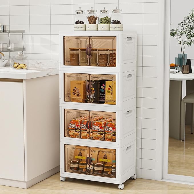 Vavkorkula Storage Bins with Lids and Wheels, 180QT-45QT*4Tier Collapsible Bathroom Storage Cabinet with Clear Doors, Plastic Stackable Closet Organizers and Containers White