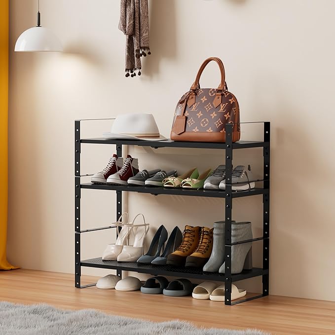 Multi-Functional Metal Shoe Rack, Space-Saving, Perfect for Entryway, Closet, Bathroom, etc. - Sturdy and Durable, High Weight Capacity(3PACKS/Black/Medium)