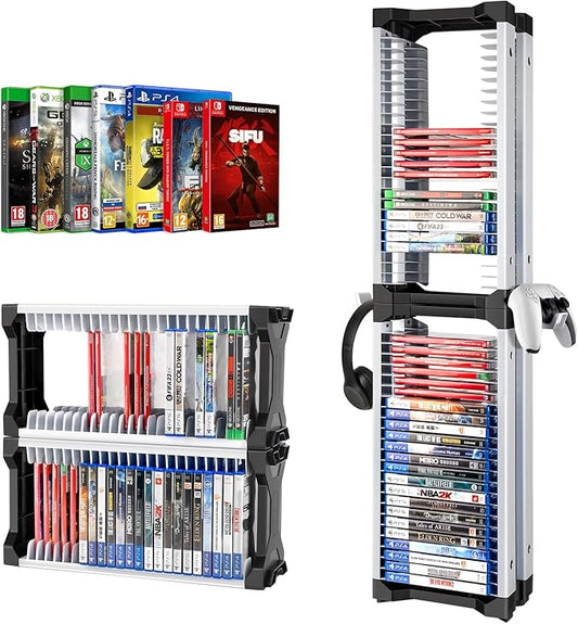 ASFSKY Game Storage Tower - 48 Games Video Game Organizer & Holder with 2 Controller Hooks, Universal Video Game Storage Compatible with PS5/PS4/Xbox/Switch（46Pcs）
