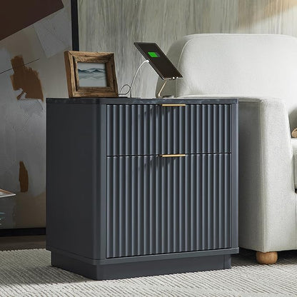T4TREAM 23'' Fluted Nightstand Set of 2 with Charging Station, Large 2 Drawer Bedside Table, Modern End Table with Storage, Mid Century Night Stand for Bedroom Living Room, Curved Profile, Dark Grey