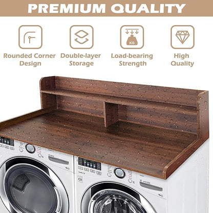 Royxen Laundry Countertop with 2-Tier Shelf Universal Fit, Washer and Dryer Countertop with Storage Space, Shelf Height 11.5 Inches, Solid Wood Core, Walnut