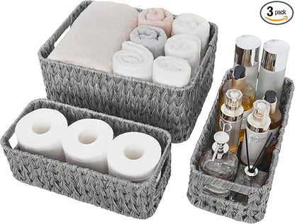GRANNY SAYS Wicker Baskets for Organizing, Storage Baskets for Shelves, Small Baskets for Counter, Waterproof Storage Basket with Handles, Gray, 3-Pack