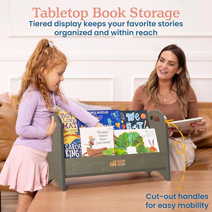ECR4Kids 2-Shelf Tabletop Book Display with Handles, Beginner Bookshelf, Grey Wash