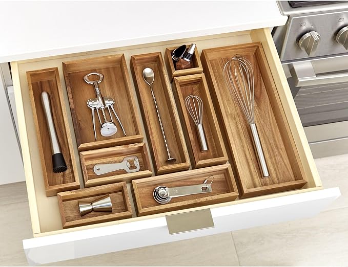 iDesign Acacia Wood Kitchen and Pantry Drawer Organizer Bin– Natural