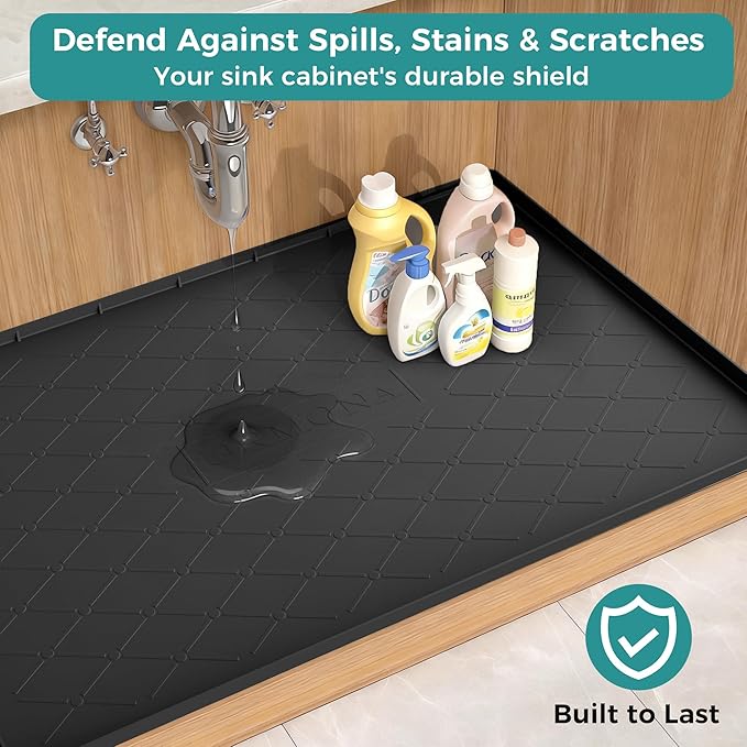 URMONA Under Sink Mat for Kitchen Waterproof, 34" x 19" Silicone Under Sink Mat for Shelf Liner Organizer, Cabinet Sink Protector Under Sink Liner for Bottom Kitchen, Bathroom(Beige)