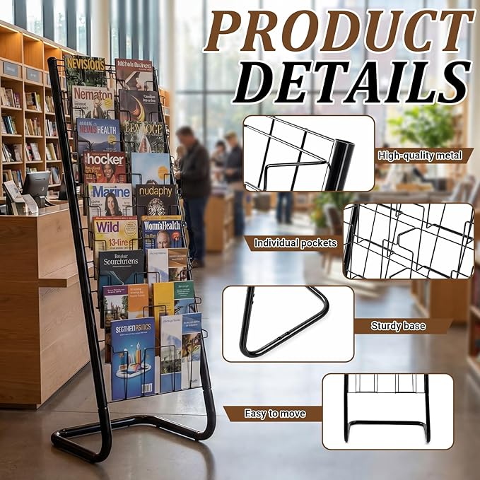 Zonon 57" Magazine Rack Floor Holder 18 Pockets Tiered Display Holder Floor Standing Brochure Display Stand for Books Newspaper Catalogs Libraries Retail Stores Shop Exhibitions Office