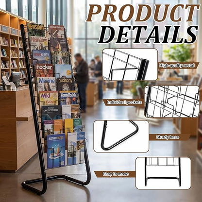 Zonon 57" Magazine Rack Floor Holder 18 Pockets Tiered Display Holder Floor Standing Brochure Display Stand for Books Newspaper Catalogs Libraries Retail Stores Shop Exhibitions Office